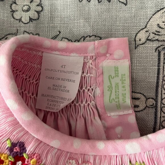 Vive La Fete smocked dress bunnies pink & white polka dot girl’s size 4T - Picture 8 of 8